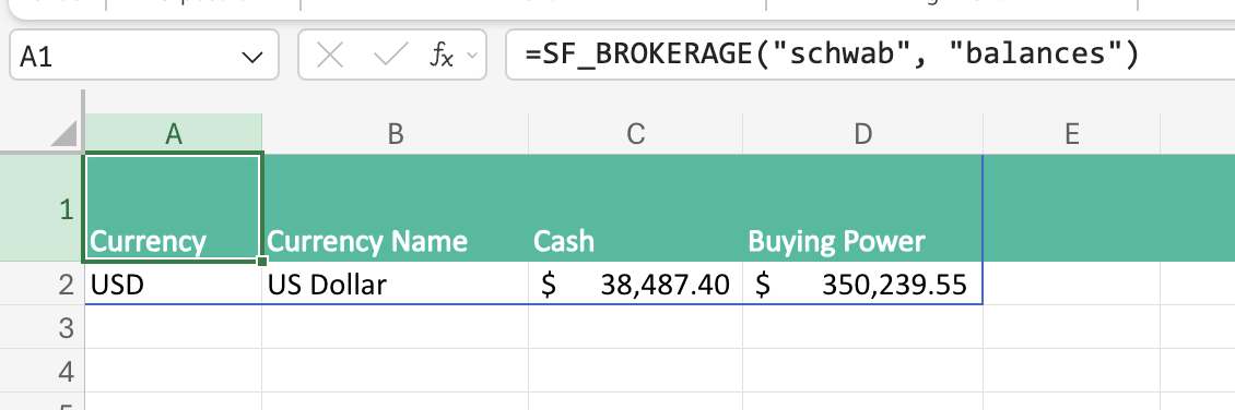 Charles Schwab account balances in Excel