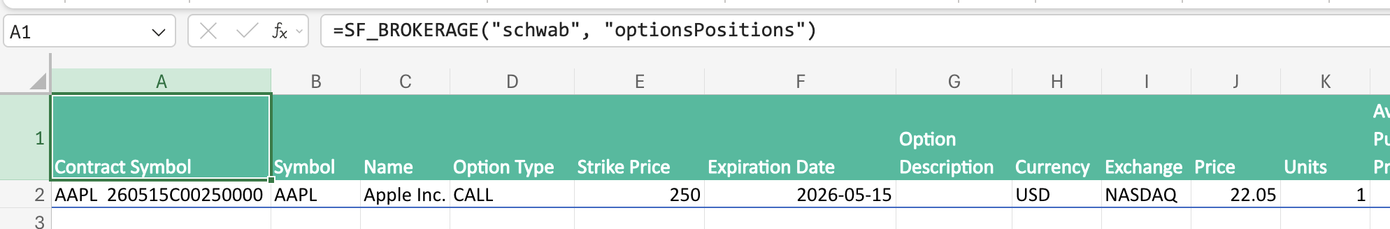 Charles Schwab options positions in Excel
