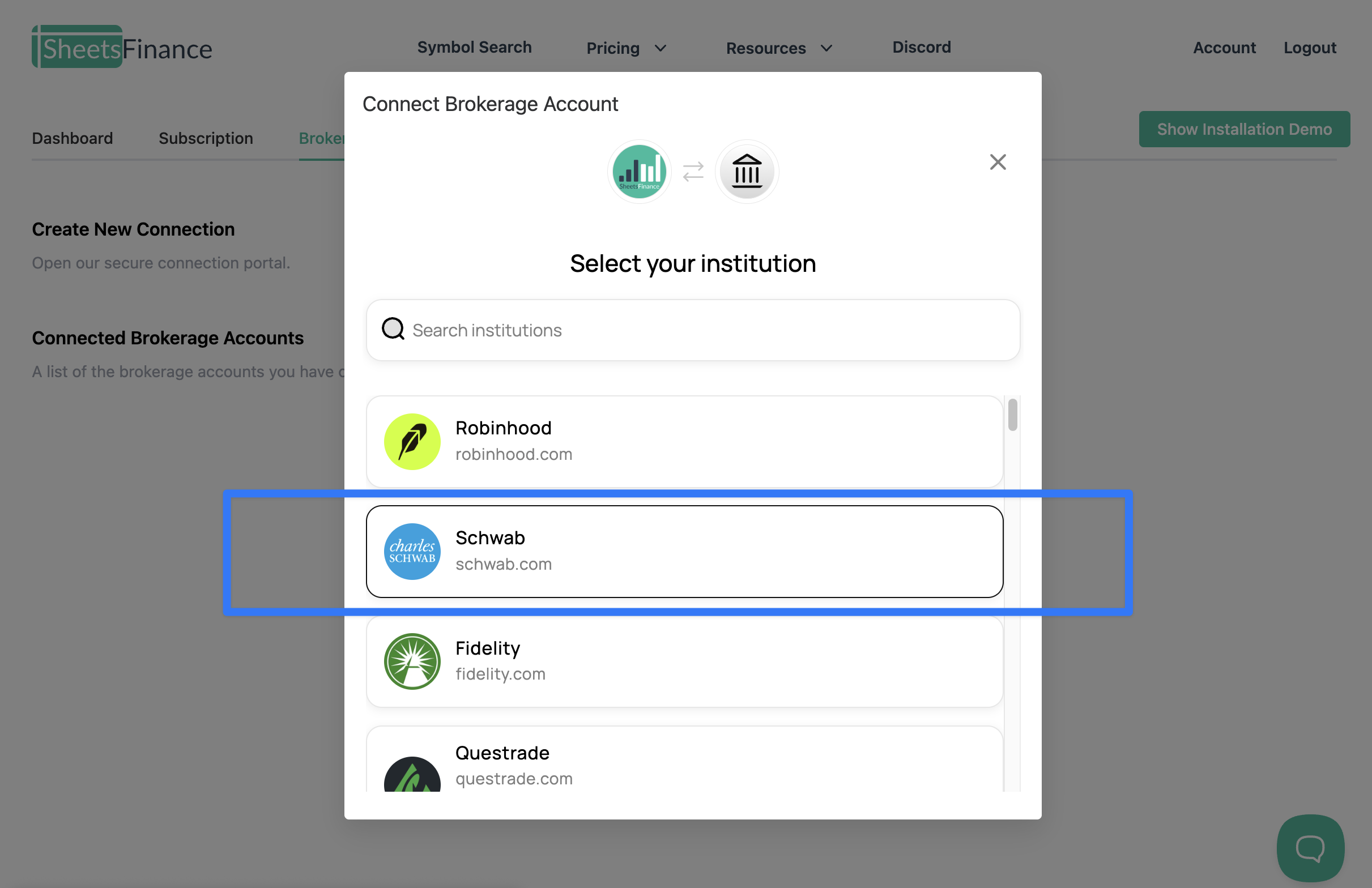 Connecting Charles Schwab account through SheetsFinance dashboard