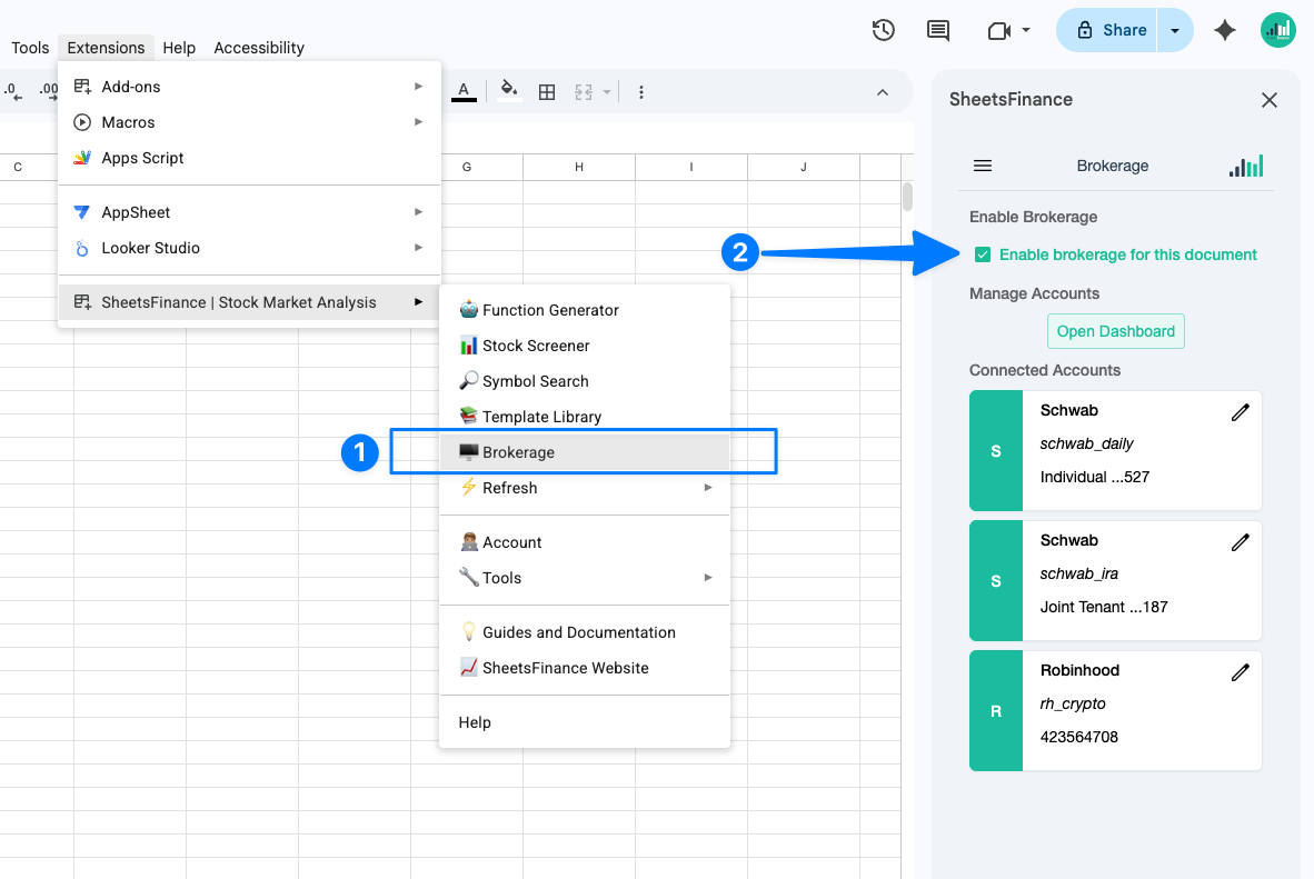 Enabling brokerage in Google Sheets for Charles Schwab