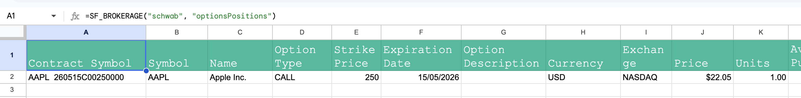 Charles Schwab options positions in Google Sheets