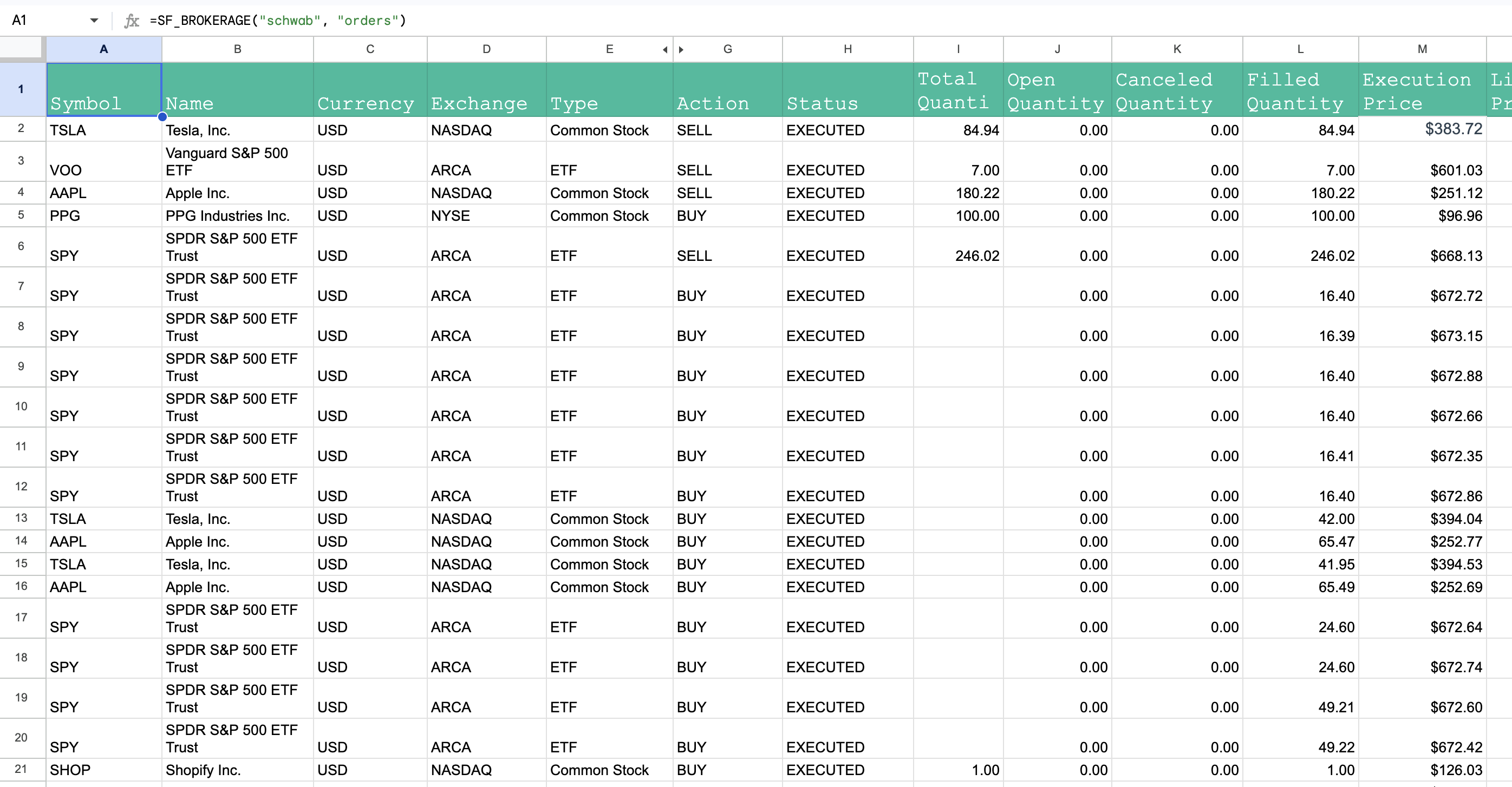 Charles Schwab account orders in Google Sheets