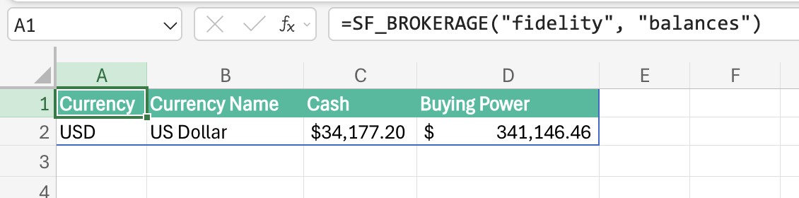Fidelity account balances in Excel