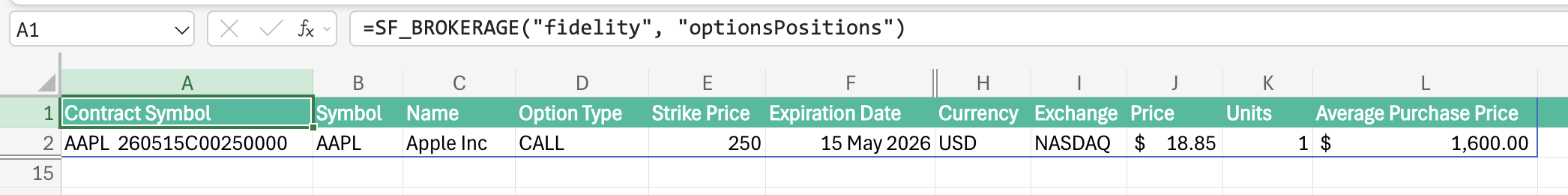 Fidelity options positions in Excel