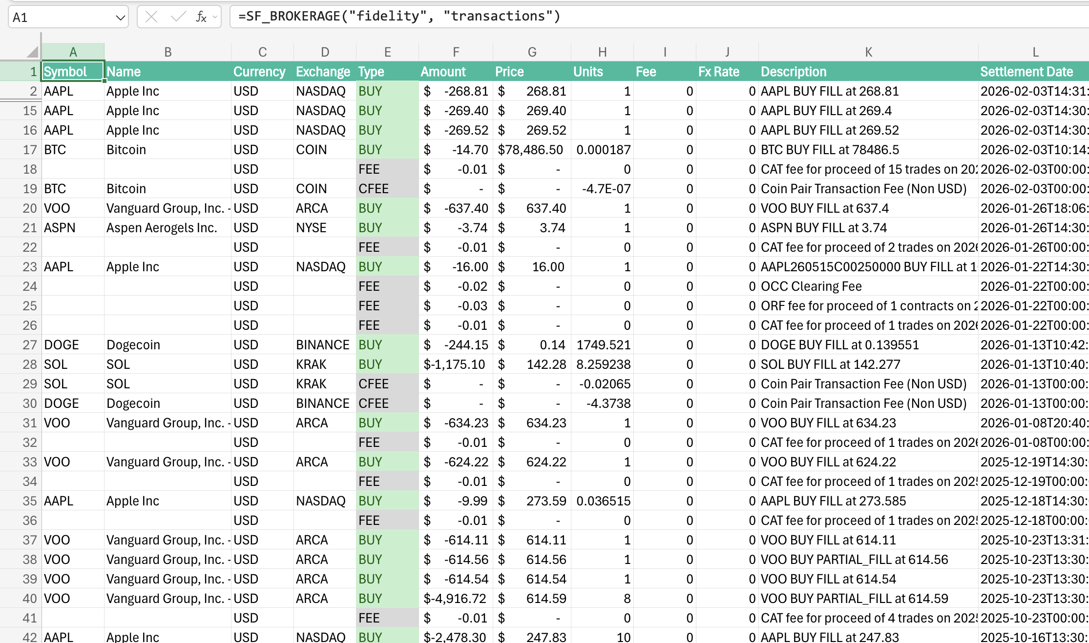 Fidelity transaction history in Excel