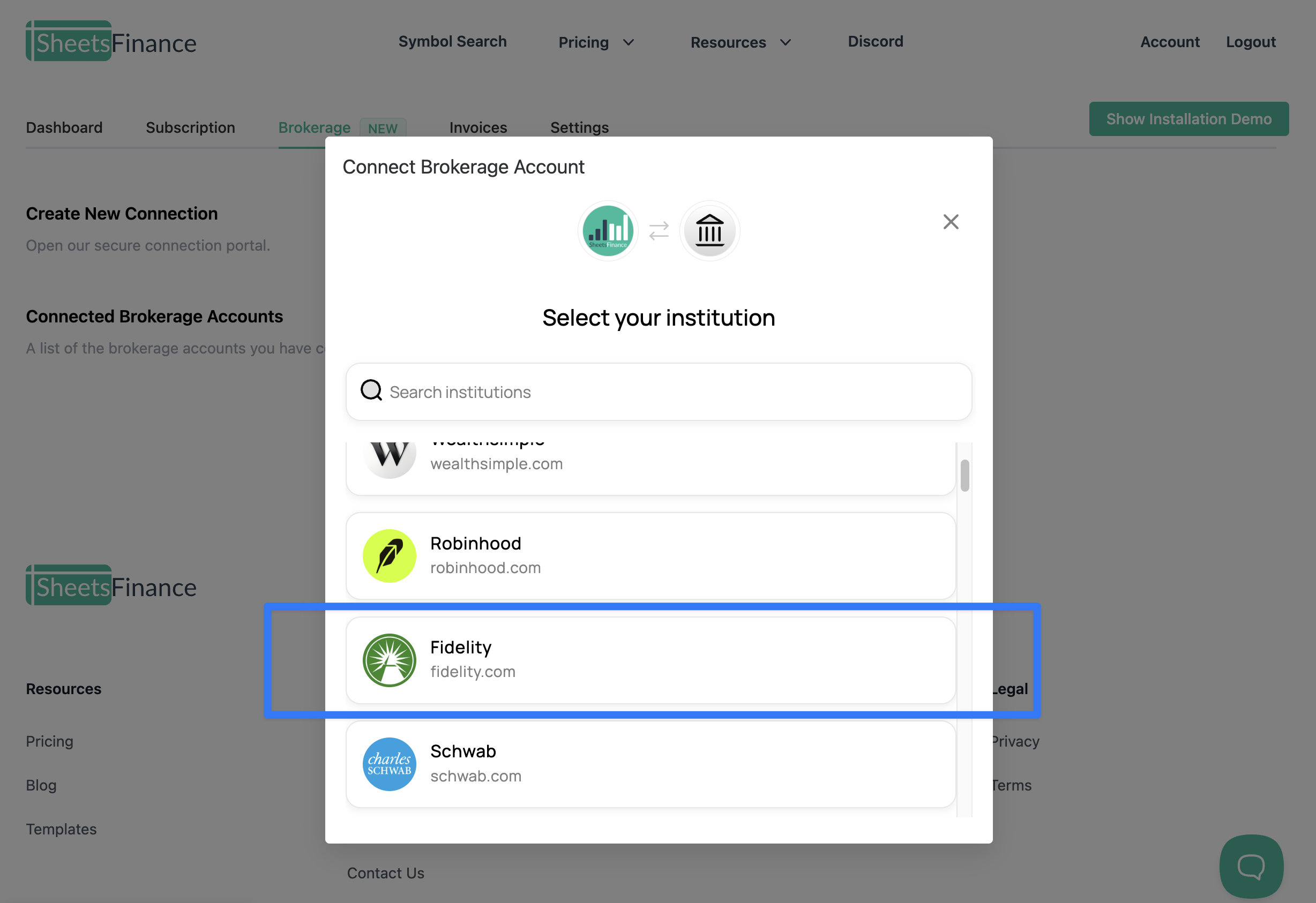 Connecting Fidelity account through SheetsFinance dashboard