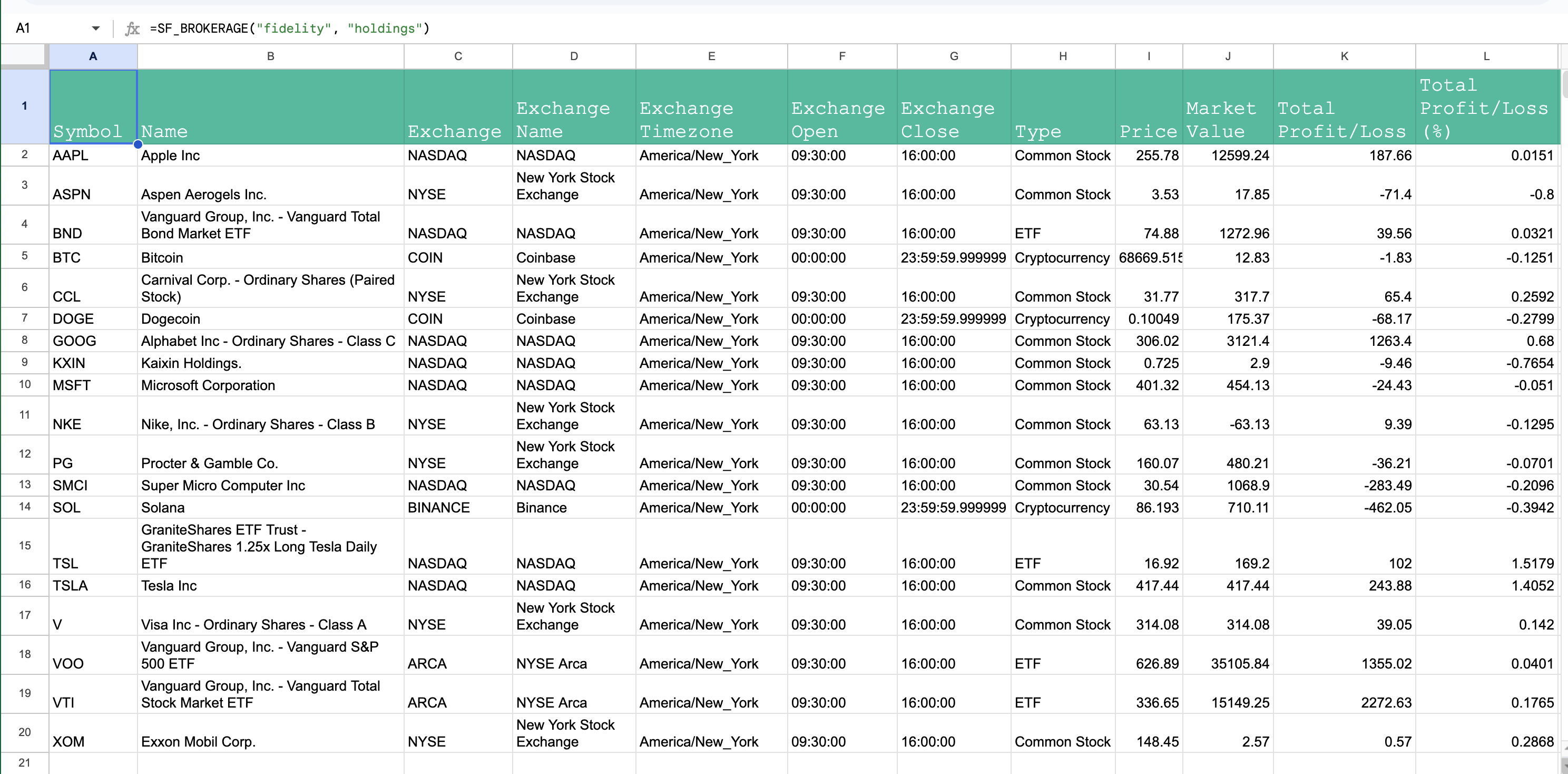 Fidelity holdings displayed in Google Sheets