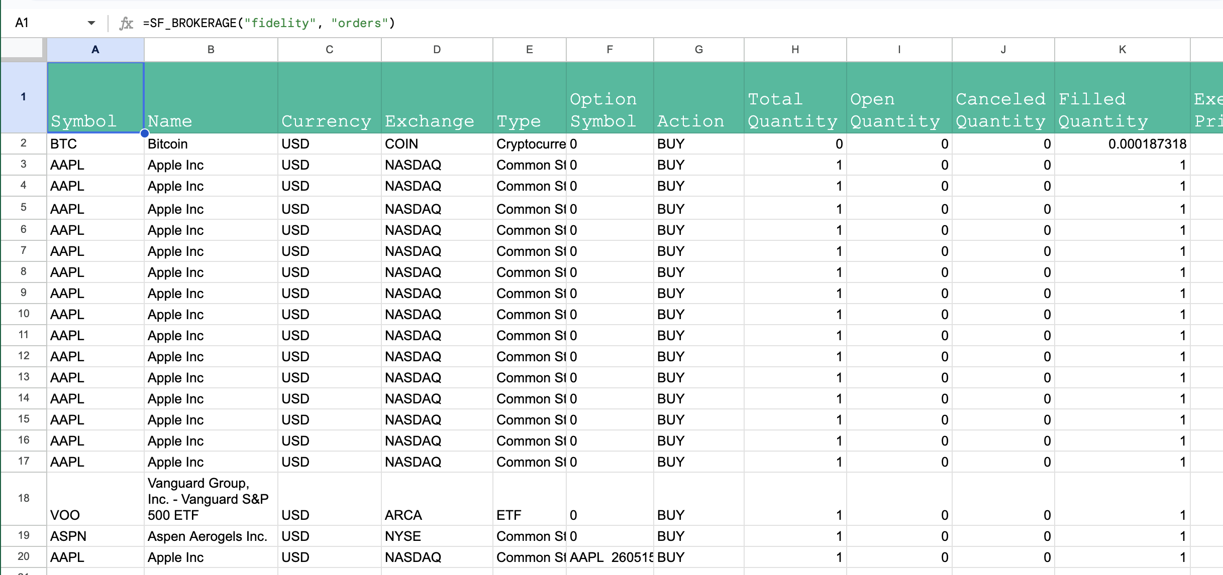 Fidelity account orders in Google Sheets