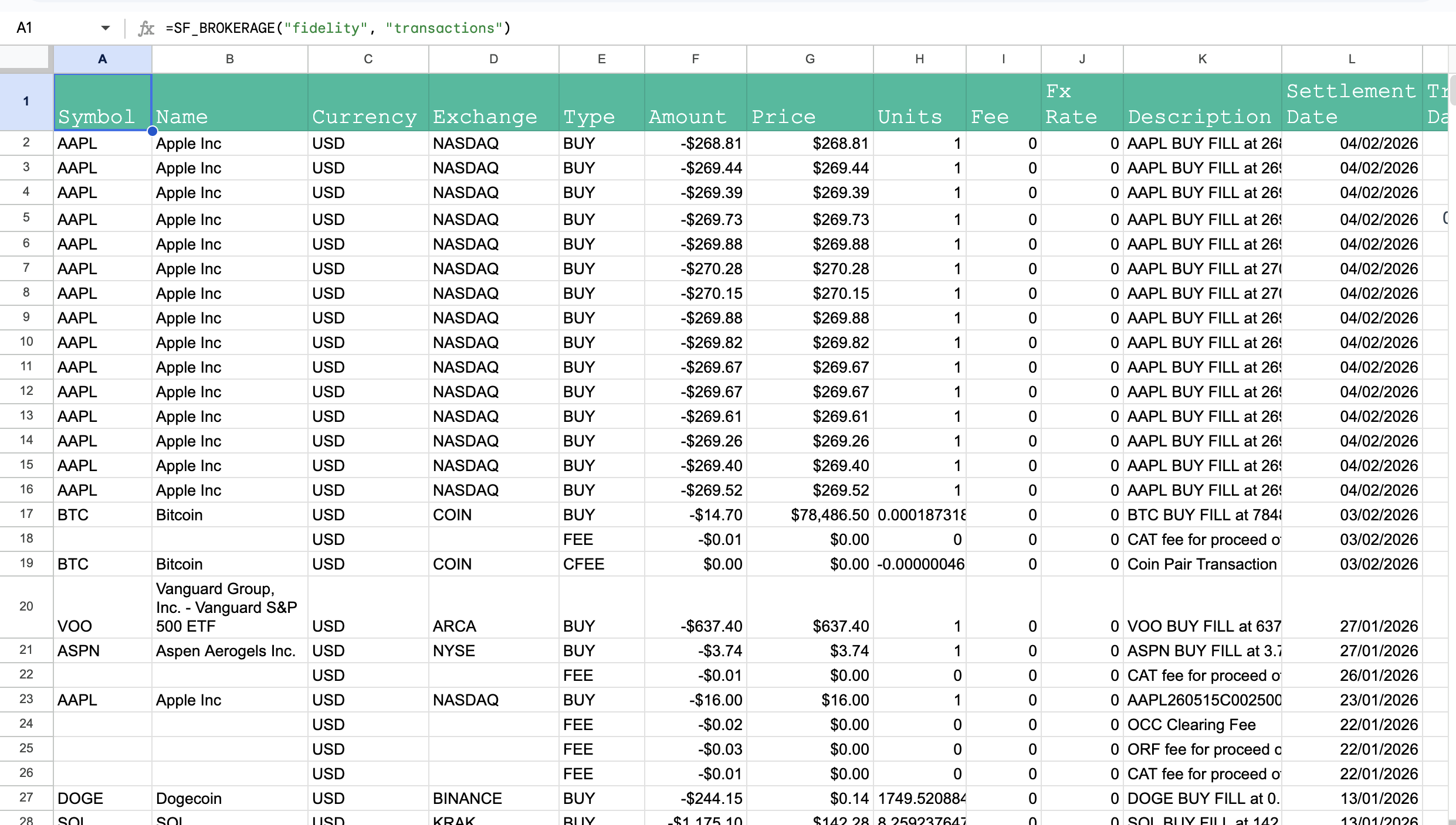 Fidelity transaction history in Google Sheets
