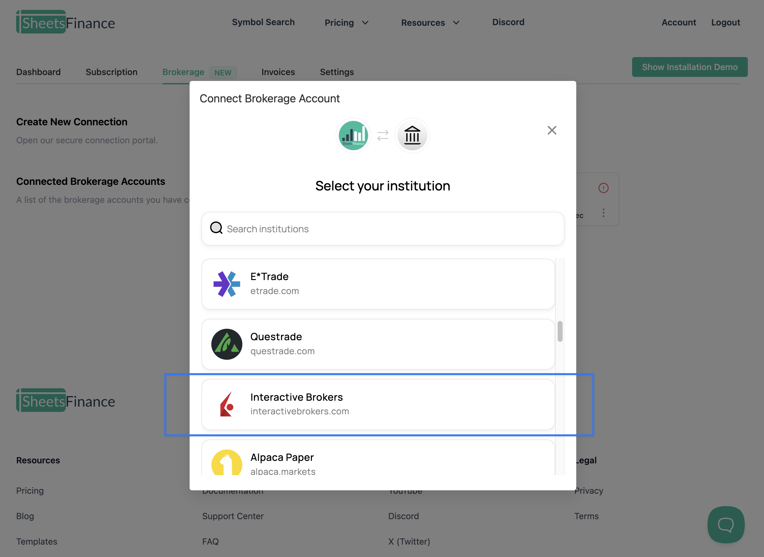 Connecting Interactive Brokers account through SheetsFinance dashboard