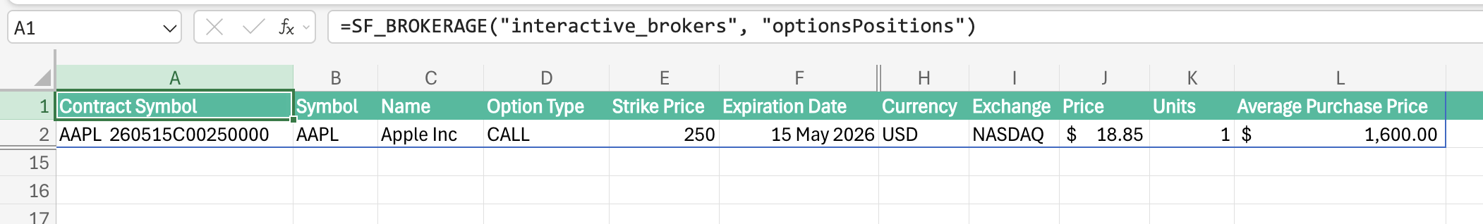 Interactive Brokers options positions in Excel