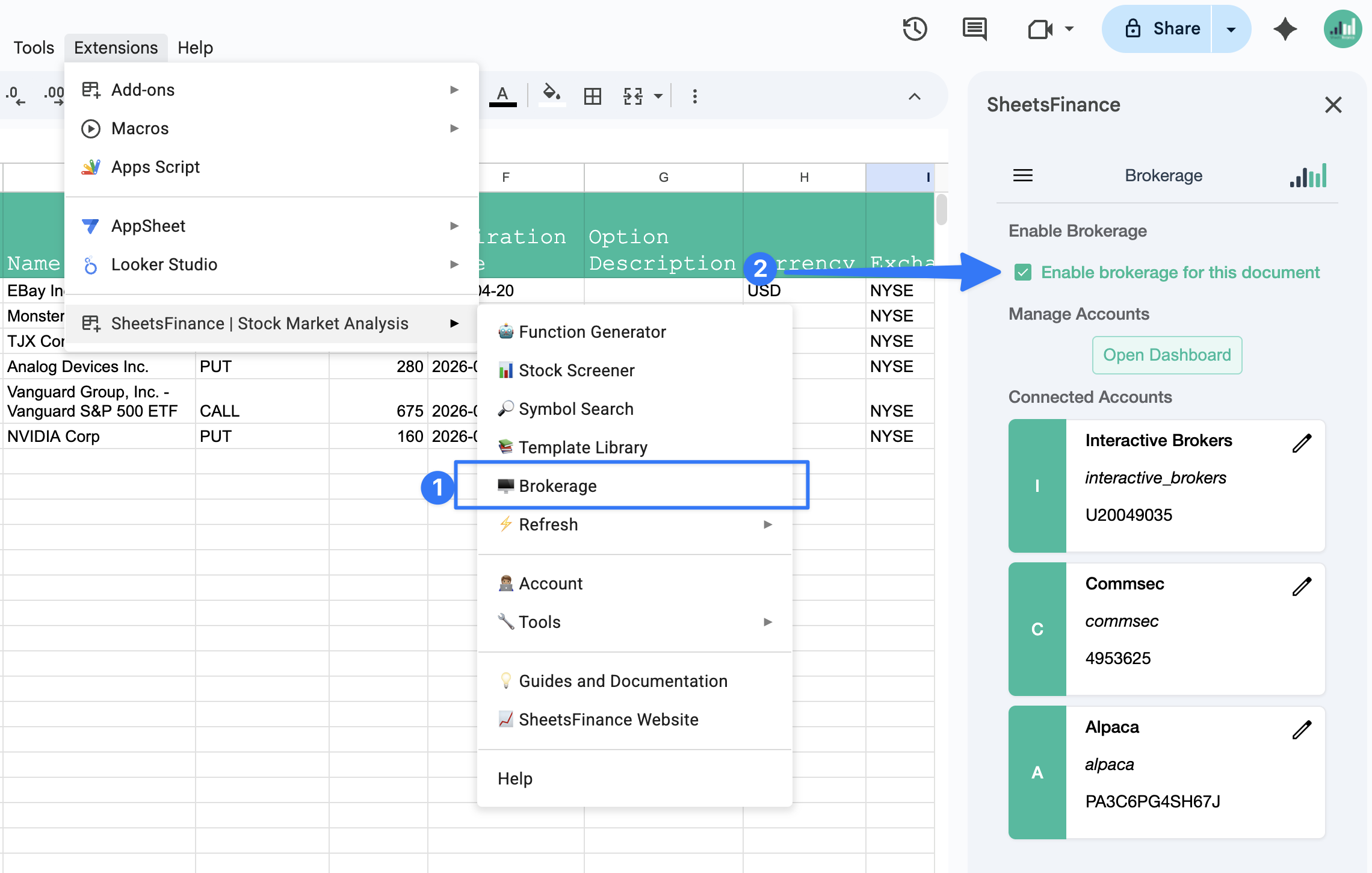 Enabling brokerage in Google Sheets