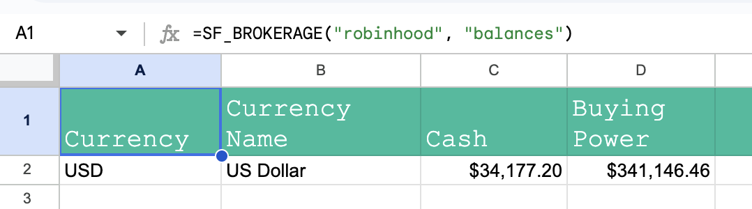 Robinhood account balances in Google Sheets