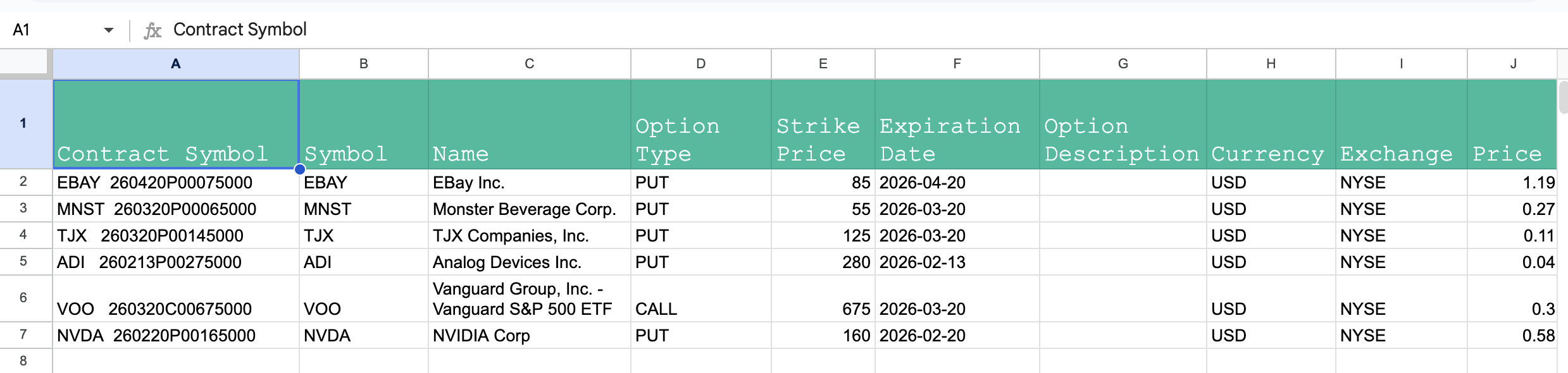 Robinhood options positions in Google Sheets