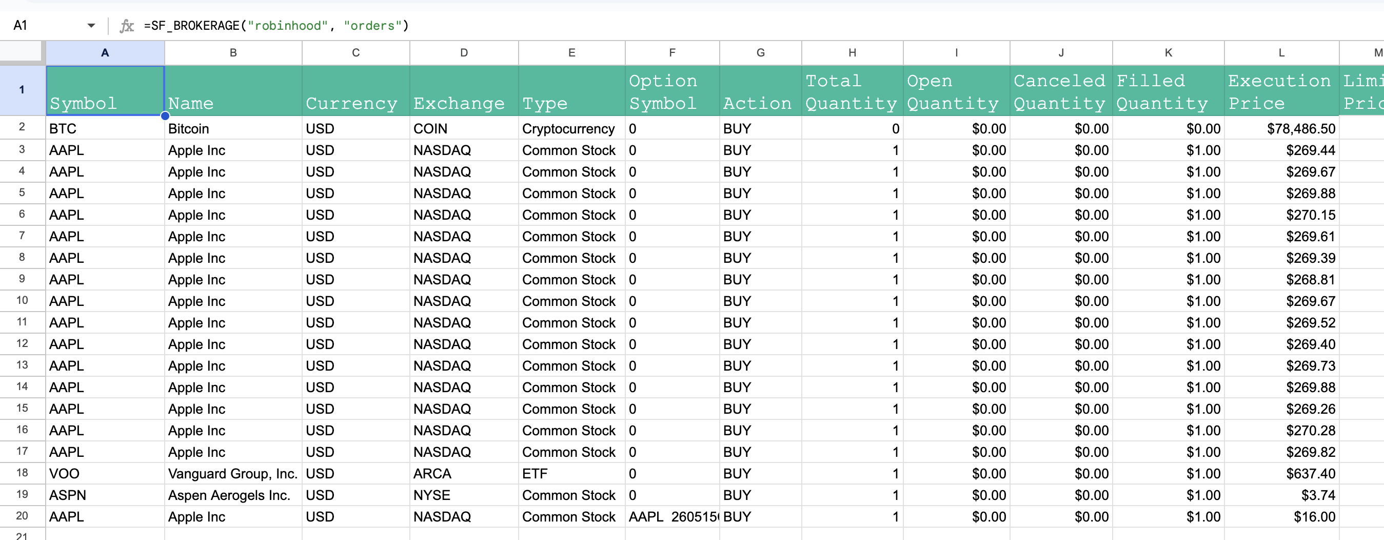 Robinhood account orders in Google Sheets