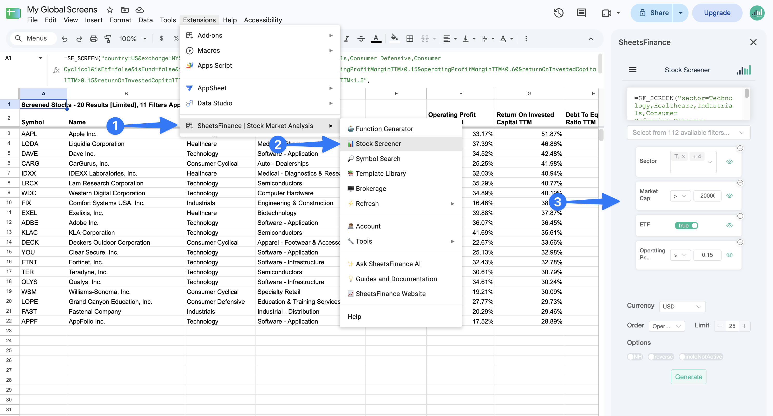 SheetsFinance Stock Screener Generator showing the unified screener currency selector while building an SF_SCREEN formula